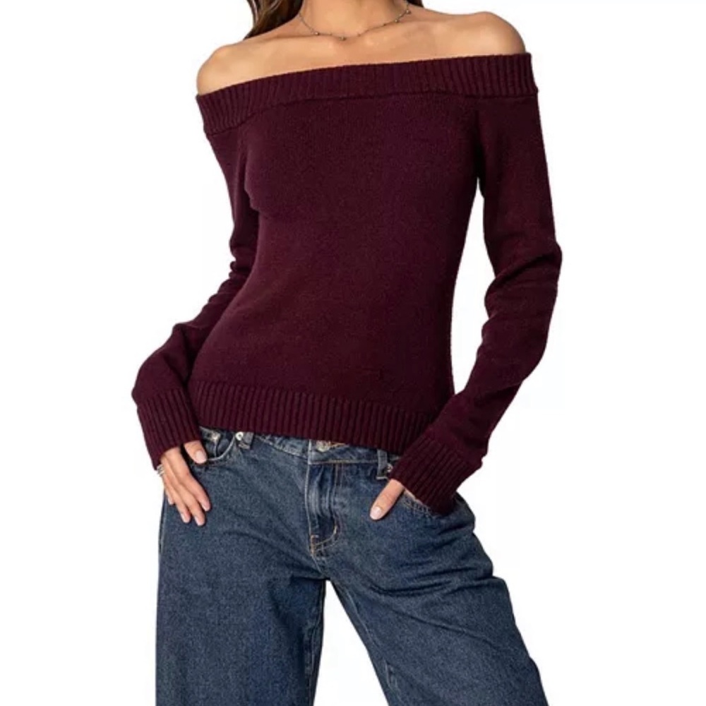 Edikted Elona Off Shoulder Knit Top in burgundy